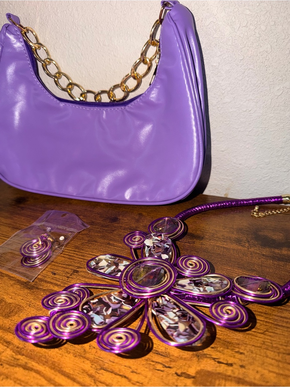 Purple Shoulder Bag with Gold Chain Handle Matching Necklace and Earrings